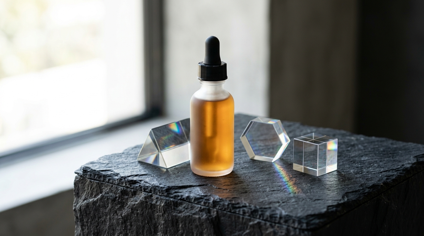 Frosted glass pharmaceutical dropper bottle resting on dark charcoal slate pedestal beside optical crystal prisms