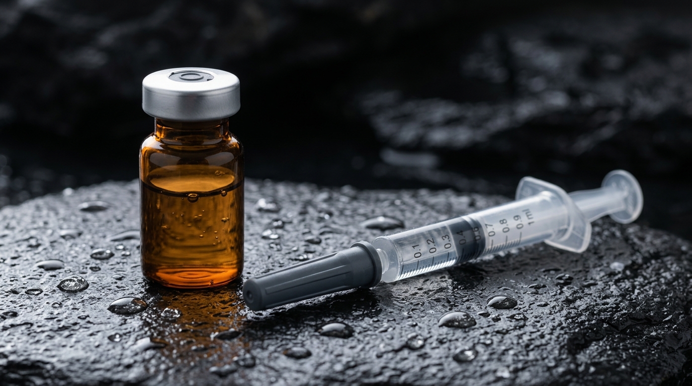 Amber pharmaceutical glass vial beside sterile clinical micro-syringe resting on dark basalt stone with water droplets
