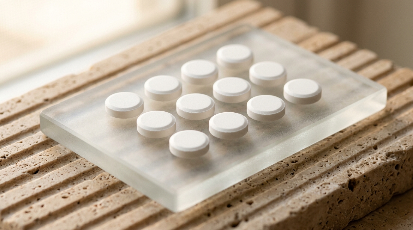 Pristine white sublingual dissolving medication tablets arranged on frosted glass tray resting on fluted travertine limestone