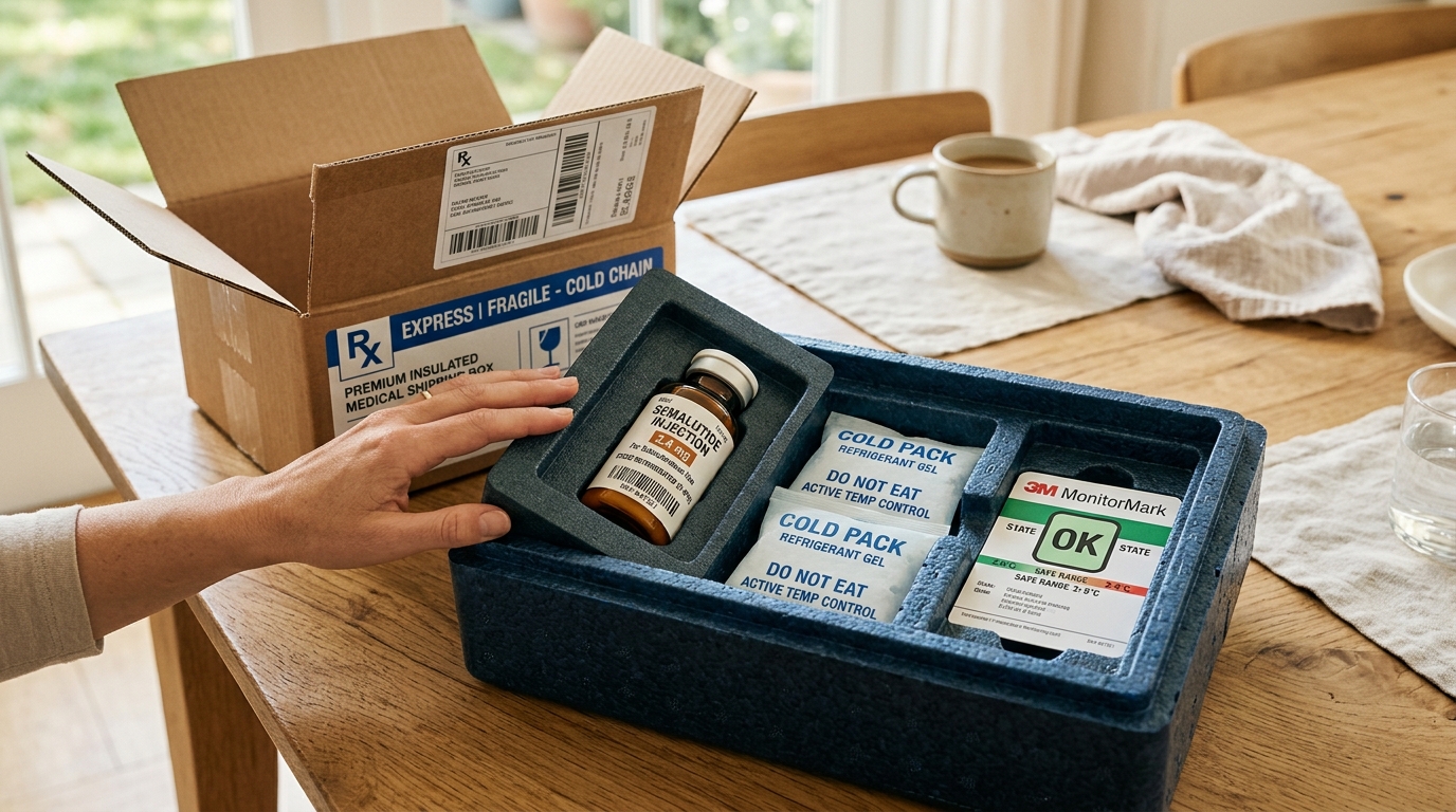 Insulated medical shipping packaging with conditioned refrigerant gel packs and peptide vial