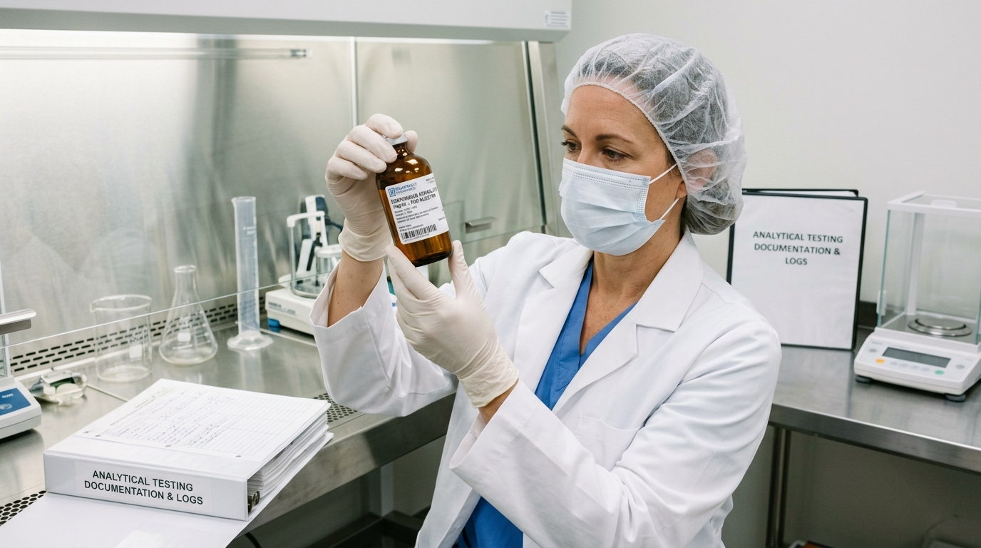 Licensed clinical compounding pharmacist inspecting sterile peptide vial in 503A laboratory