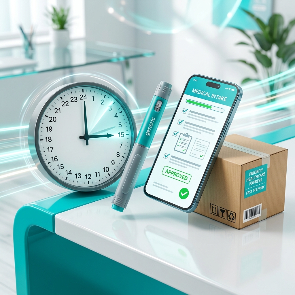 24-hour clock with medical intake, injection pen, and shipping box