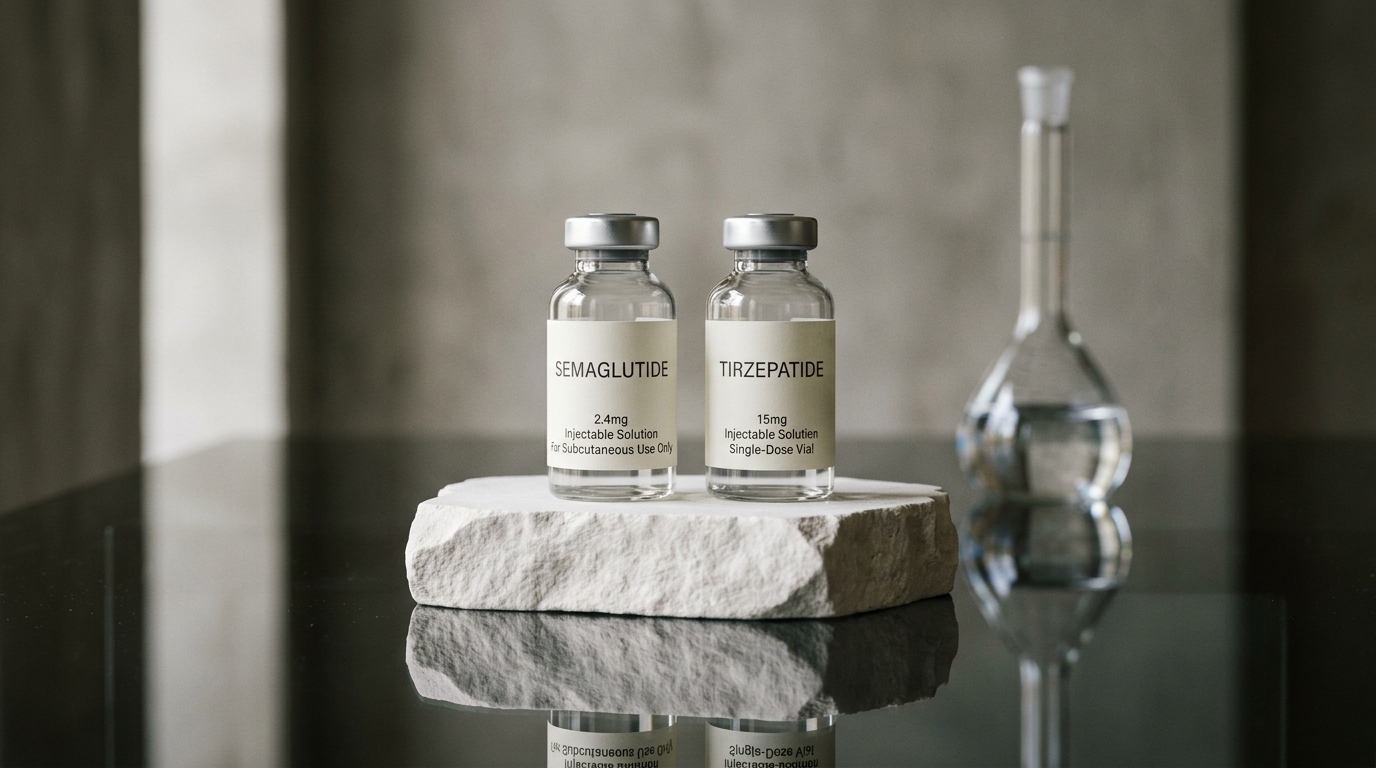 Semaglutide 2.4mg and Tirzepatide 15mg clinical medication vials side by side on sculptured limestone plinth