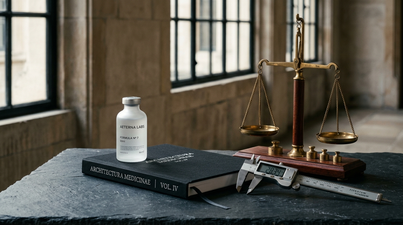 Frosted glass pharmaceutical bottle on architectural black slate beside titanium caliper and antique brass balance scale
