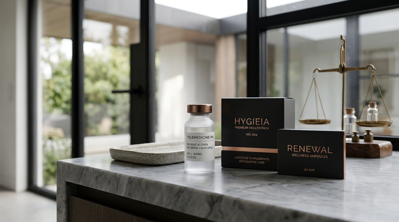 Luxury modern telemedicine glass vial and prescription packaging beside an antique brass balance scale on marble