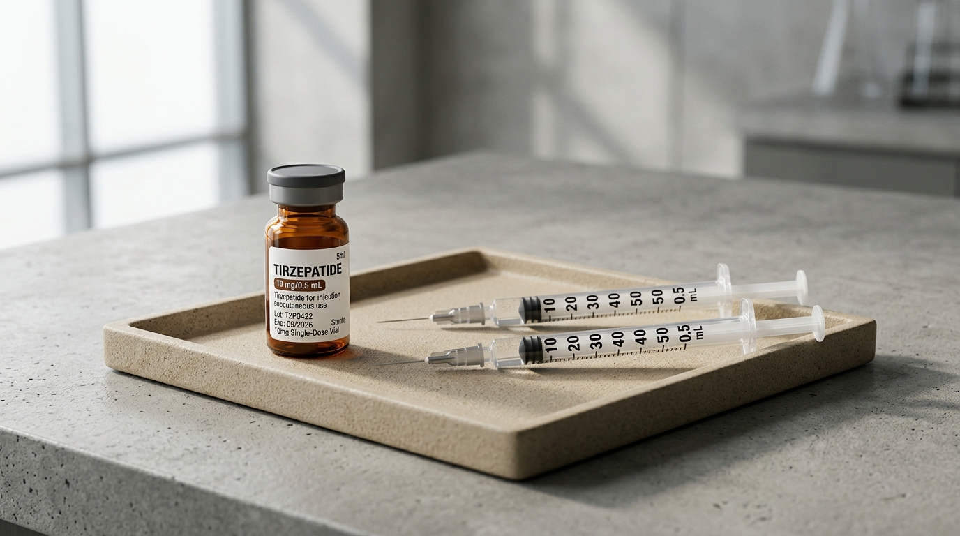 Amber glass vial of tirzepatide alongside sterile clinical measurement syringes on ceramic tray