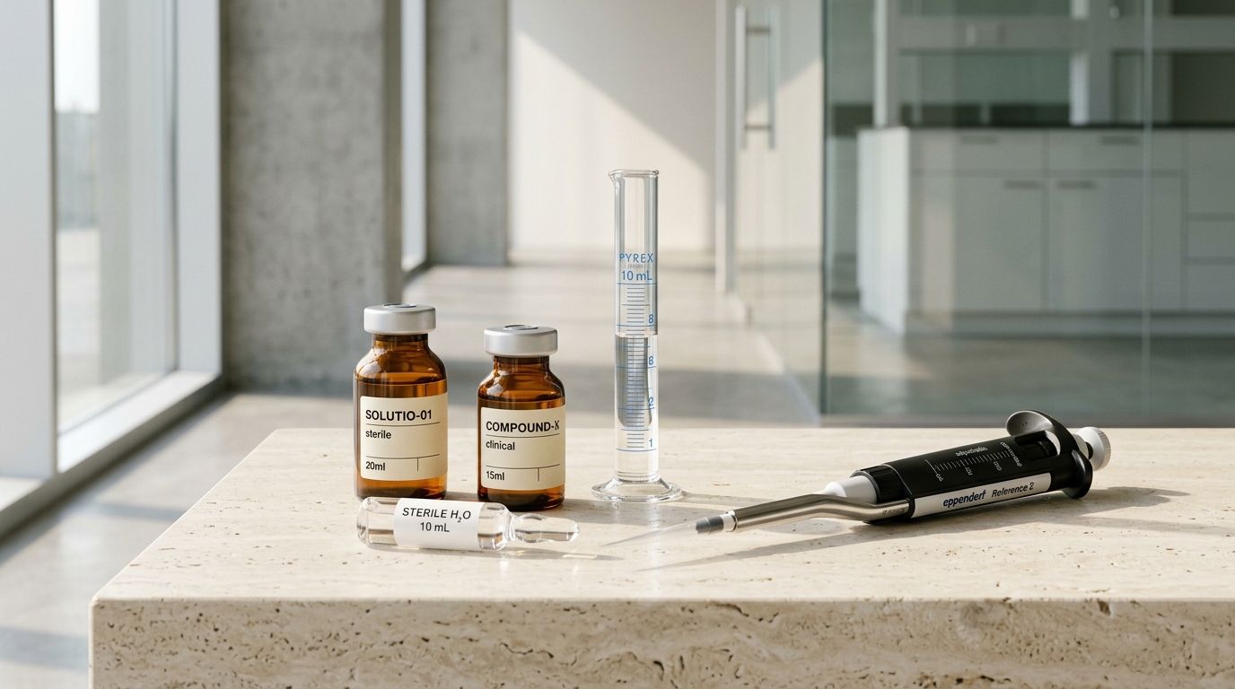 Clinical laboratory glass vials, precision pipette, and sterile bacteriostatic water for peptide reconstitution