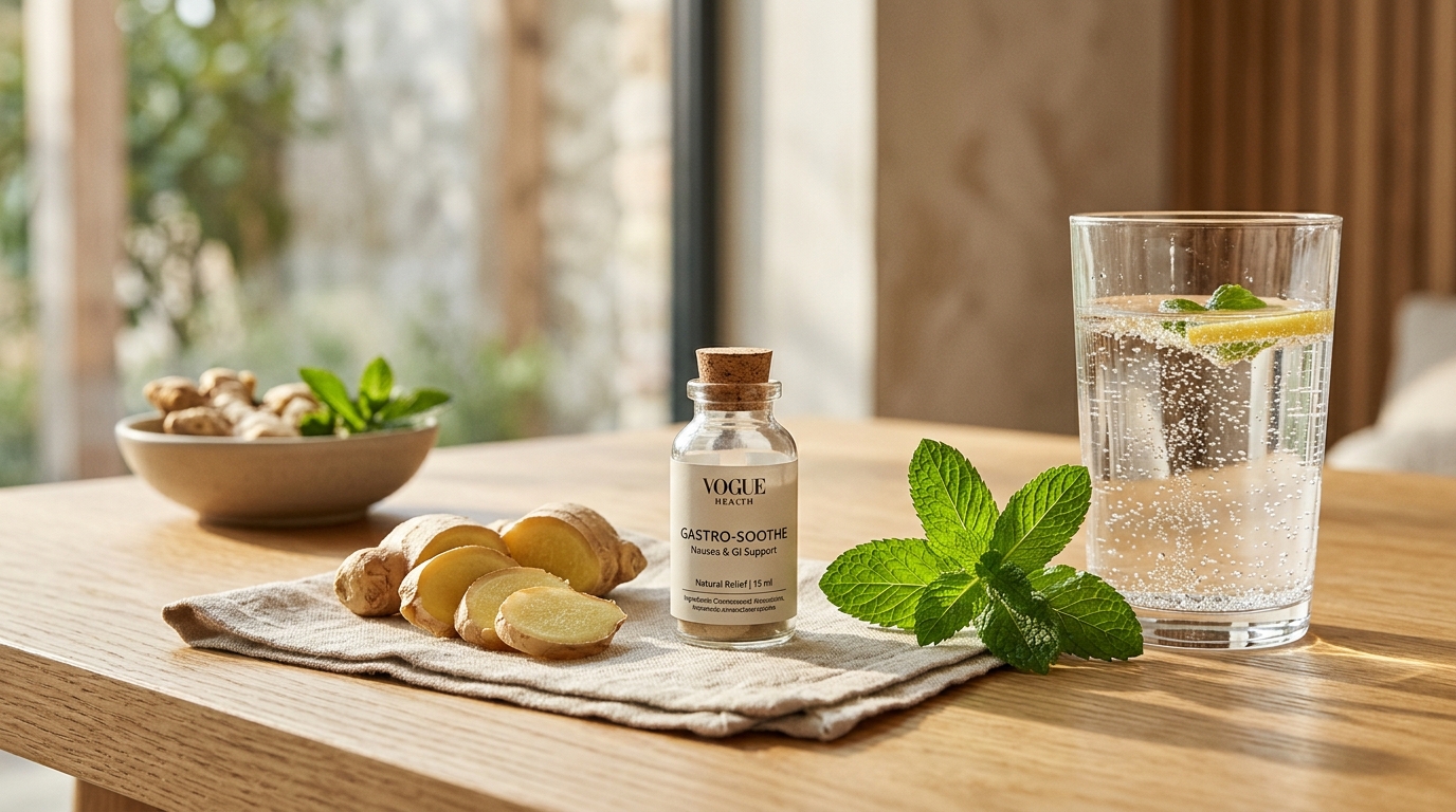 Clinical herbal still life with sliced ginger root, peppermint sprig, electrolyte water glass, and pharmaceutical glass dropper vial