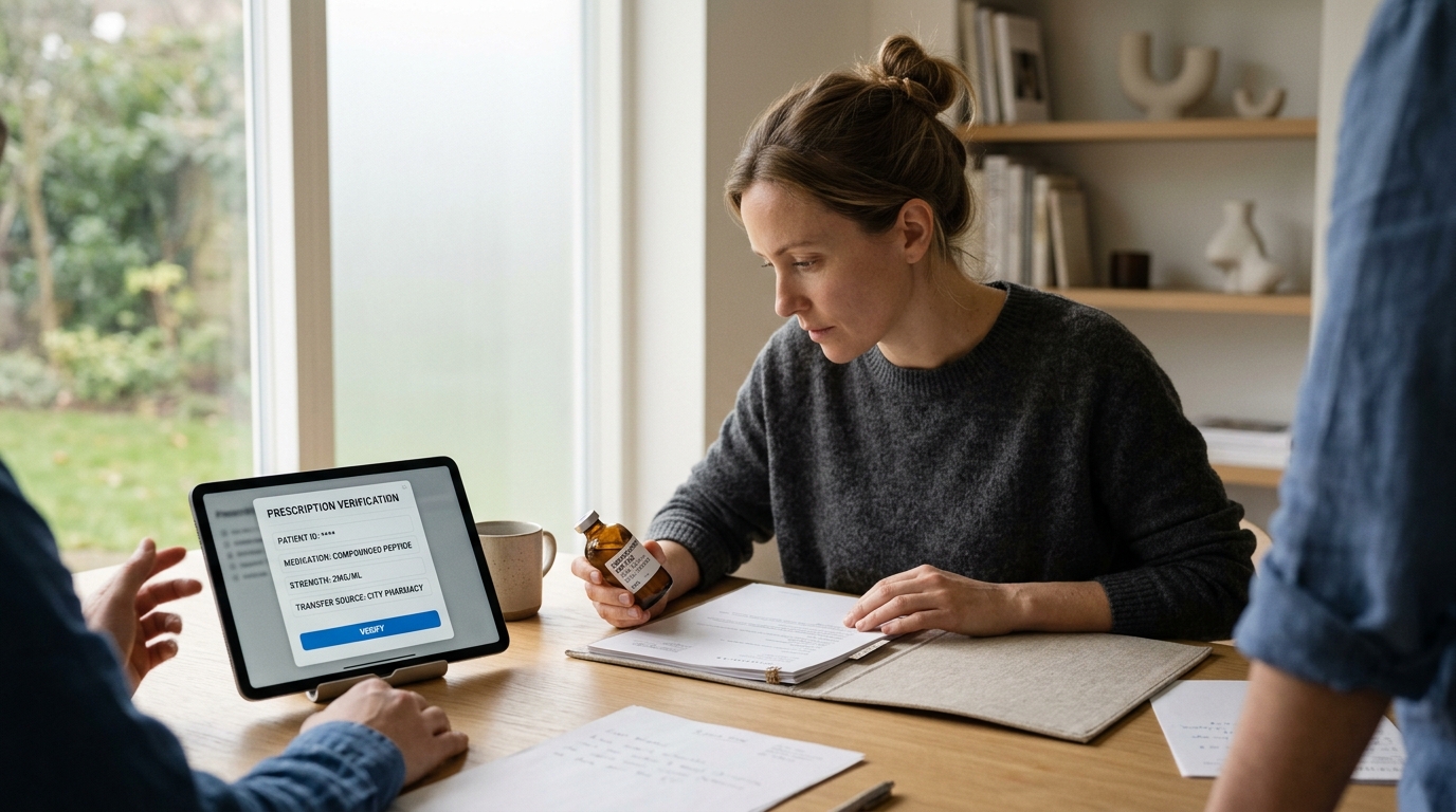 Patient and clinician reviewing online prescription transfer verification on tablet