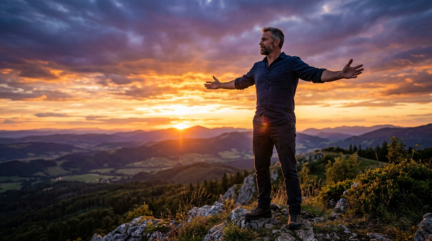 Confident man standing on hilltop at golden hour