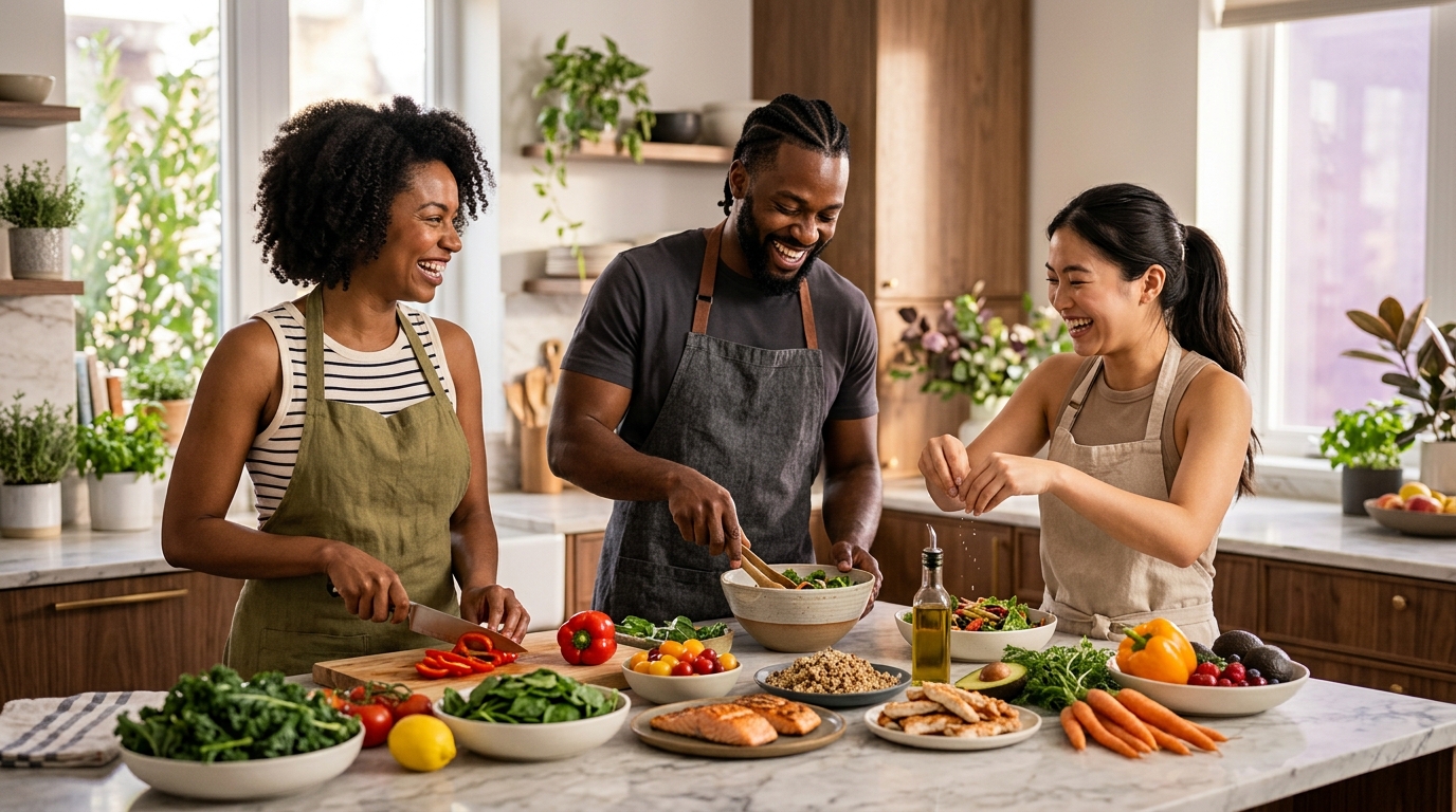 Friends preparing a healthy nutritious meal together
